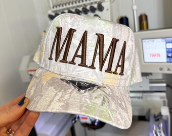 MAMA Camo Trucker Hat | Mom Hat | Motherhood Hat | Puff Embroidery Hat | Neutral Camo Cap for Women | Stylish Mom Hat | Adjustable Snapback