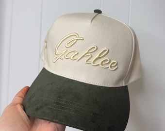 Gahlee Trucker Hat | Olive Green Suede Brim Hat | 3D Puff Embroidered Western Cap | Neutral Americana Cowgirl Hat | Side Stitch | Fall Hat