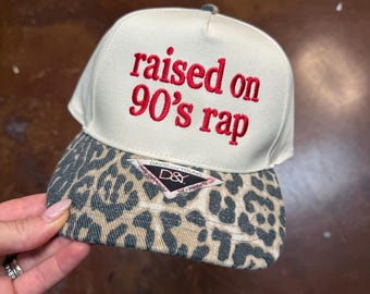 Raised on 90s rap cheetah brim funny trucker hat sarcastic sassy women’s hat leopard hat music lover gift for her trendy trucker hat