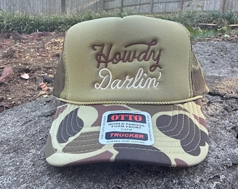 Howdy Darlin Camo Trucker Hat, Western Rope Hat for Women, Cowgirl Hat, Vintage Camo Cap, Country Concert Hat, Southern Gift