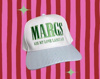 Margs are my love language embroider trucker hat striped trendy colorful fun trucker hat custom snap back adjustable hat