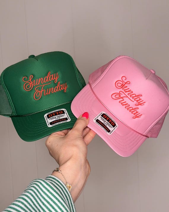 Sunday Funday Trucker Hat | Bright Pink & Green Embroidered Foam Mesh Hat | Fun Summer Baseball Cap | Trendy Women’s Trucker Hat | Neon Stit