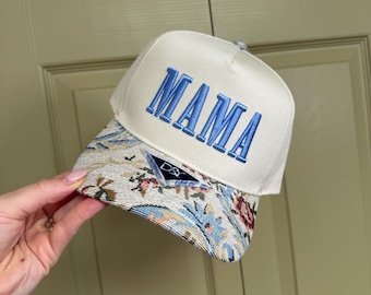 MAMA Floral Trucker Hat Mom Hat Motherhood Hat | Puff Embroidery Hat | Floral Brim Cap for Women | Stylish Mom Hat | Adjustable Snapback