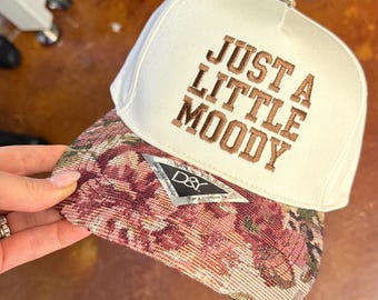Funny Trucker Hat | Just A Little Moody Hat | Floral Brim Women’s Hat | Sarcastic Hat for Women | Trendy Embroidered Hat | Cute Floral Cap