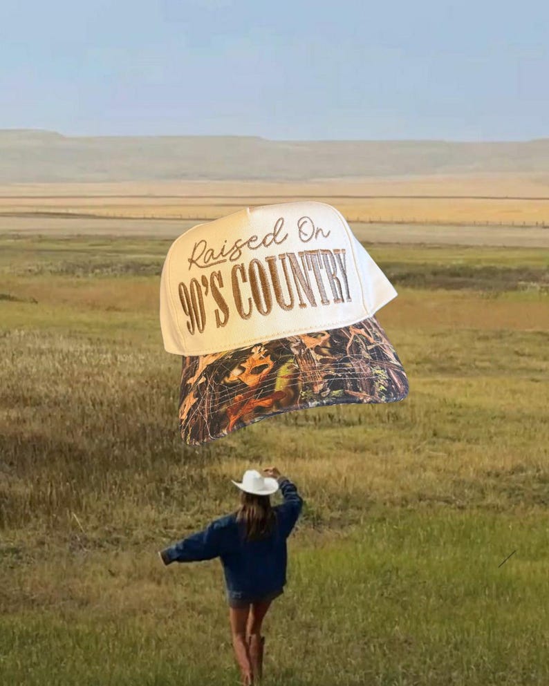 Raised on 90s Country Trucker Hat Funny Country Music Hat Camo Trucker Mom Hat Western Cowgirl Hat Southern Baseball Cap image 1