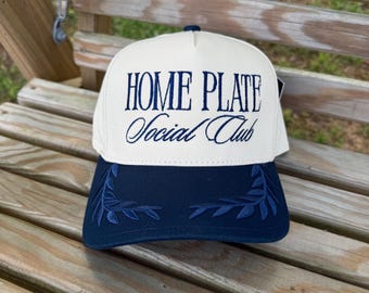 Home Plate Social Club Hat | Navy Blue Two Tone Trucker Hat | Baseball Mom Hat | Preppy Embroidered Cap | Neutral Aesthetic Hat | Game Day