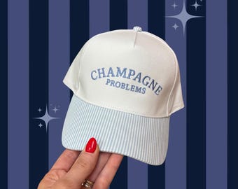 Champagne Problems custom striped trucker hat fun trendy blue and white hat embroidery design cool embroidered hats