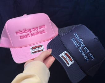 Minding My Own Small Business Foam Mesh Trucker Hat Navy Blue Hat Monochromatic Adjustable Cap Trendy Shop Small Hat for Women Girly Hat