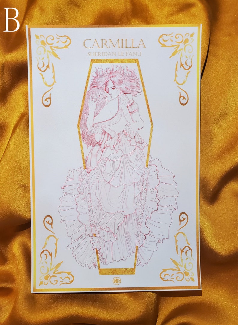 May include: A pink and gold print of a woman in a long dress, with the title "Carmilla Sheridan Le Fanu" at the top.