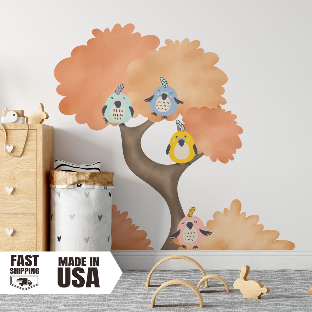 Watercolor Fat Birds Fall Tree Wall Decal, Fabric Nursery Decor - Etsy