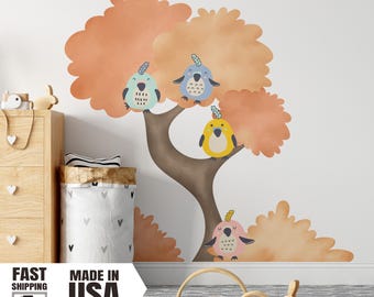Watercolor Fat Birds Fall Tree Wall Decal, Fabric Nursery Decor