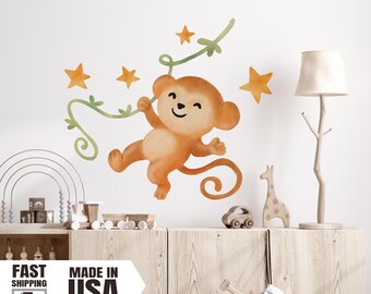 Monkey Fabric Wall Decal Set, Watercolor Nursery Decor