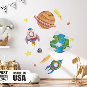 Watercolor Planets and Rocketship Set, Space Set Wall Decal, Earth Wall Decal, Saturn Wall Decal, Star Wall Decal, Comets Wall Decal