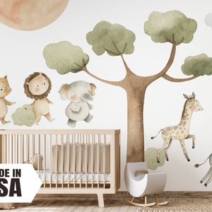 Baby Safari Animals Watercolor Fabric Wall Decal, Nursery Wall Decal, Elephant, Zebra, Safari Animals Wall Decal