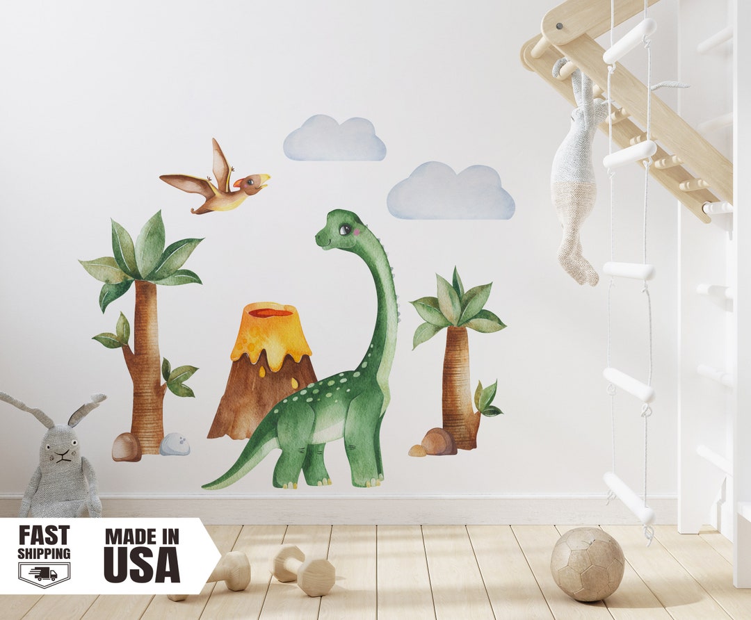 Watercolor Dinosaur Fabric Wall Decal, Nursery Dinosaur Volcano Vinyl ...