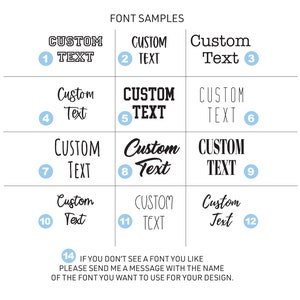 May include: A chart with 12 different font samples for the word "Custom Text". The chart is labeled "Font Samples".