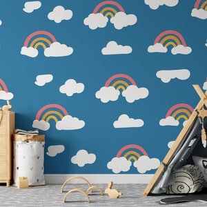 Rainbow Wall Decal, Boho Rainbow Fabric Wall Decal with Clouds, Nursery Wall Decal, Kid&#39;s Room Rainbow Mural