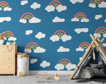 Rainbow Wall Decal, Boho Rainbow Fabric Wall Decal with Clouds, Nursery Wall Decal, Kid's Room Rainbow Mural