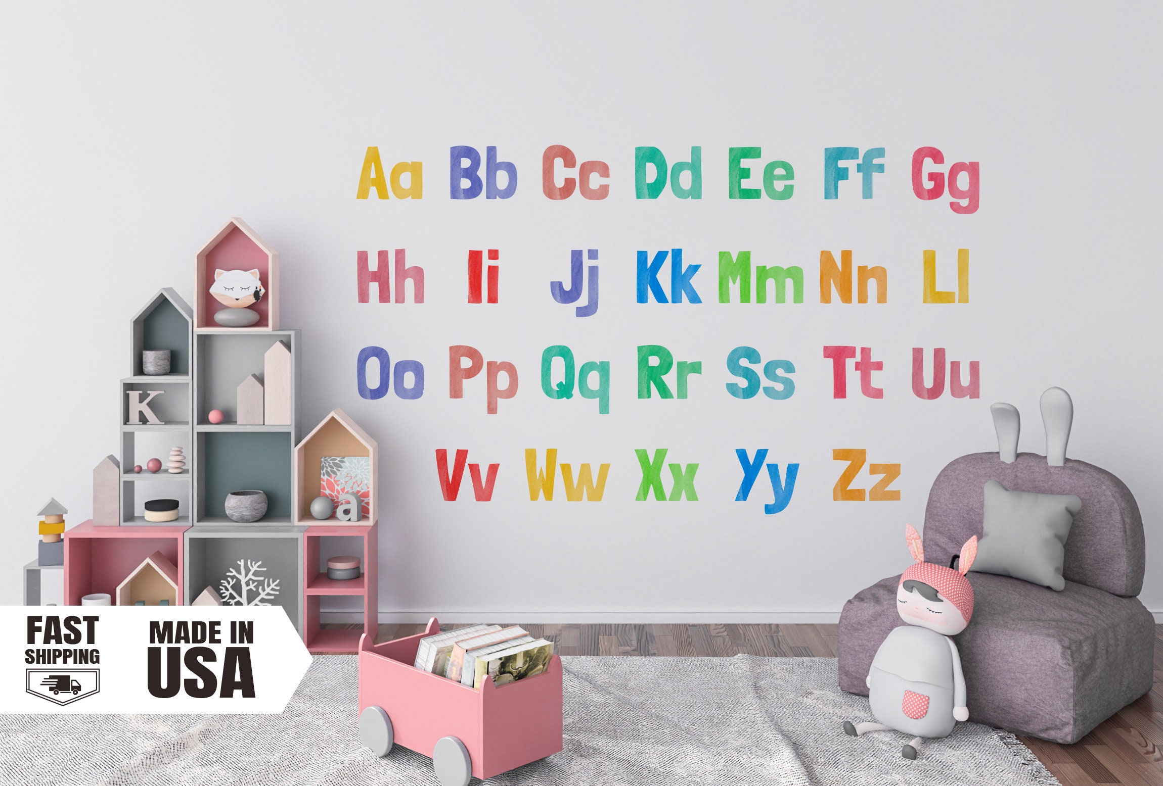 Watercolors Alphabet Wall Decal, Educational Fabric Wall Decal, Uppercase and Lowercase letter Vinyl Mural