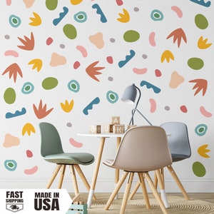 Abstract Shape Fabric Wall Decal, Rainbow Colorful Line Doodle Mural