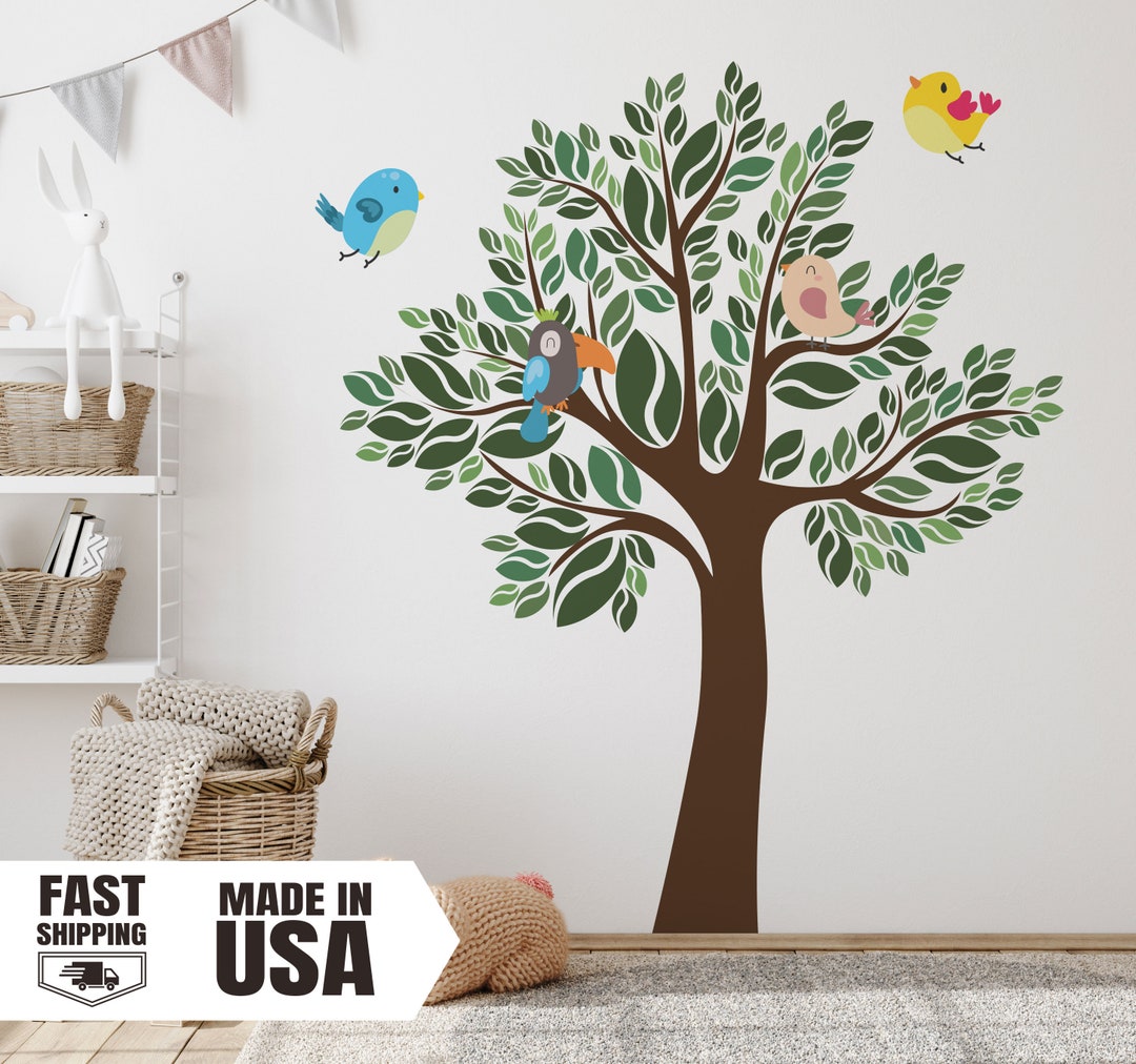 Large Tree With Birds Colorful Fabric Decal, Watercolor Tree With Birds ...