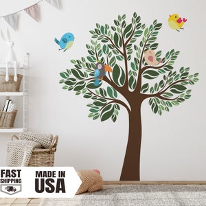 Large Tree with Birds Colorful Fabric Decal, Watercolor Tree With Birds Fabric Wall Decal, Nursery Tree Wall Mural, Removable Wall Art