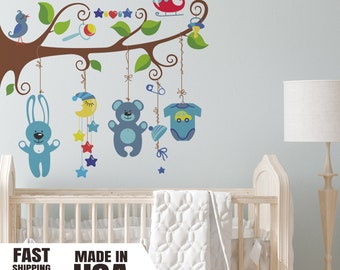 Baby Nursery Tree Wall Decal with Teddy Bear, Bunny, Helicopter