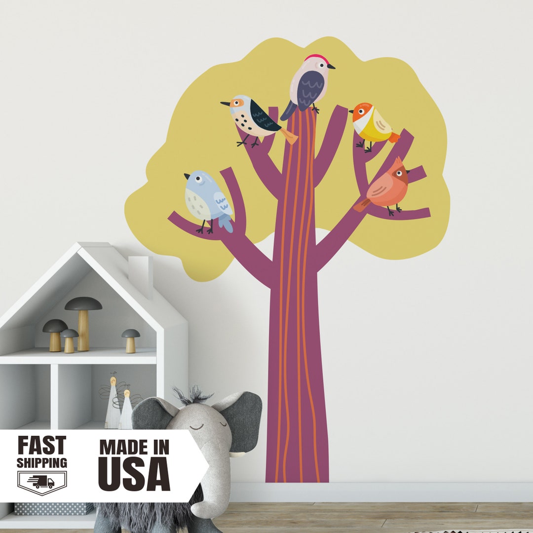 Hand Drawn Forest Tree With Birds Wall Decal Set - Etsy