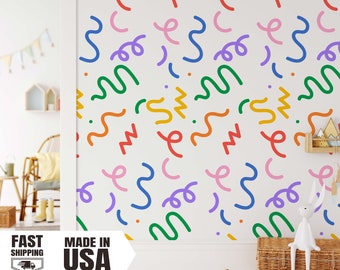 Abstract Shape Fabric Wall Decal, Fun Colorful Line Doodle Wall Art