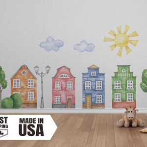 Watercolor Colored Houses Set, Cartoon Houses Set,Fabric Wall Decal,Colorful Houses For Kid's Room Wall Decal