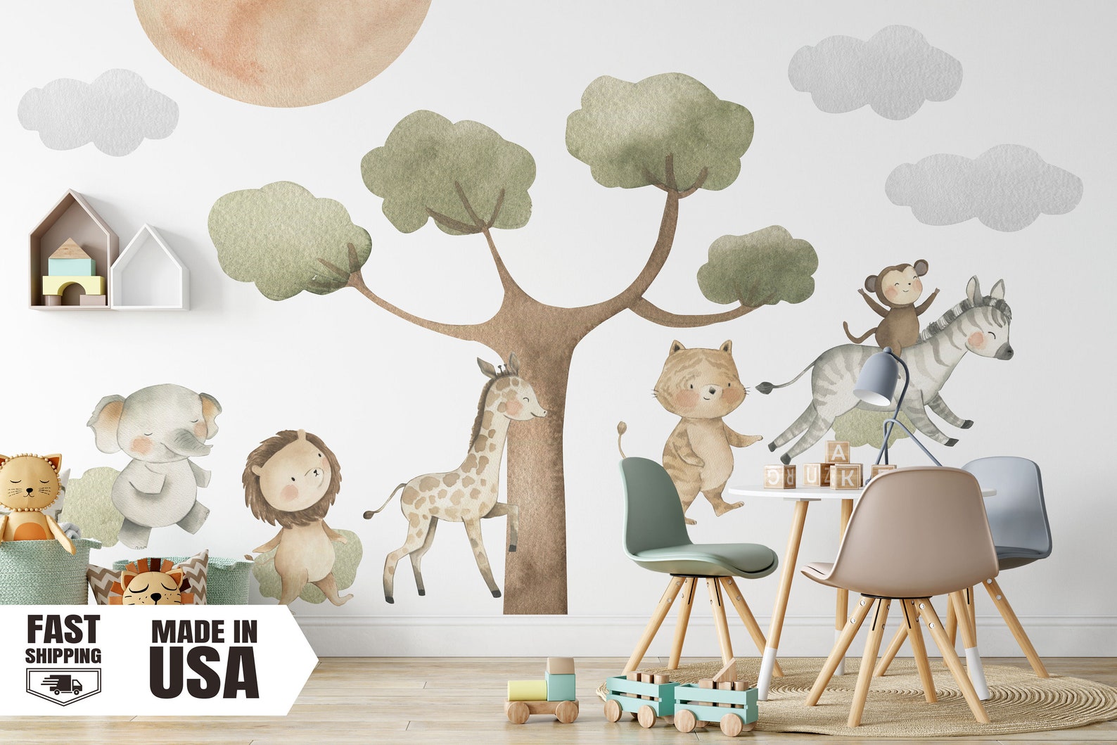 Watercolor Safari Animals Fabric Wall Decal, Nursery Decor - Etsy