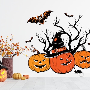 Halloween Pumpkins Decal, Vinyl outdoor - indoor decal, Jack O&#39;Lantern, Wall Window Decal Sticker, Halloween Decal, Full Color Vinyl Decal
