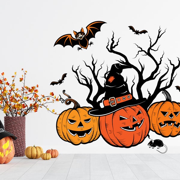Halloween Pumpkins Decal, Vinyl outdoor - indoor decal, Jack O'Lantern, Wall Window Decal Sticker, Halloween Decal, Full Color Vinyl Decal