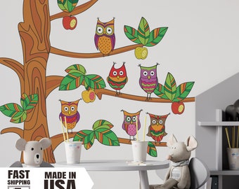 Owl Family Apple Tree Wall Decal, Watercolor Nursery Decor