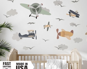 Airplanes Wall Decals- Polyester Wall Fabric, Vintage Aircrafts, Nursery and Playroom Decor