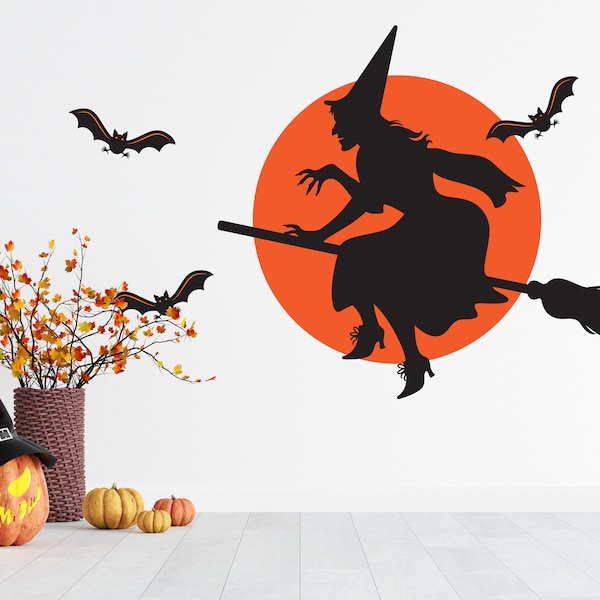Witch Moon Bats, Flying Witch Broom, Halloween Vinyl Wall Window Decal Sticker, Halloween Decal, Full Color Vinyl Decal, Halloween Decor