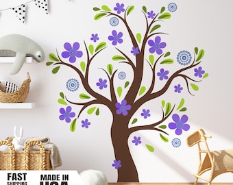 Floral Tree Set Fabric Wall Decal, Tree With Purple Flowers, Watercolor Tree Fabric Wall Decal, Nursery Tree Wall Mural, Removable Wall Art