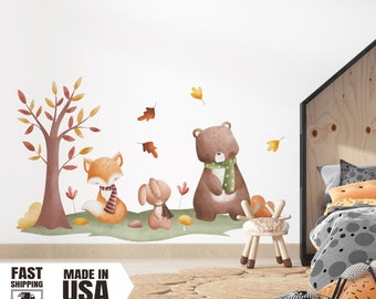 Watercolor Fall Animals Fabric Wall Decal Set, Woodland Nursery Decor