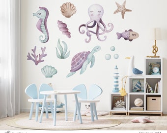 Watercolor Octopus Wall Decal Set, Sea Horse Fabric Mural