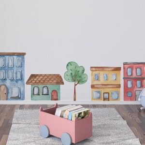 Watercolor Houses Wall Decal, Houses Fabric Wall Decal, Colorful Houses Set vinyl Decal