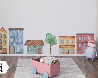 Watercolor Houses Wall Decal Set, Fabric or Vinyl