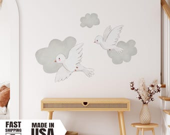 Watercolor White Birds and Cloud Wall Decal Set – Nursery Fabric Decals, Removable Angel Doves