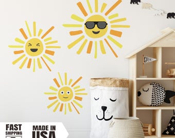 Watercolor Sun Wall Decal Set, Sunshine Emoji Nursery Decor, Removable Peel-and-Stick Wall Stickers for Kids' Room