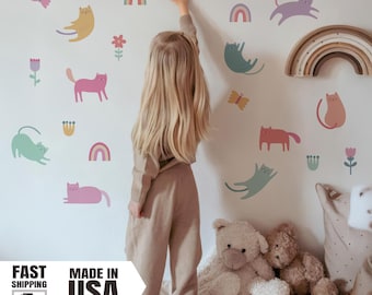 Watercolor Cats Wall Decal: Rainbow Nursery Decor, Reposition-able  Polyester Fabric Stickers