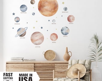 Watercolor Planets of the Solar System Fabric Decal Set, Watercolor Fabric Wall Decal