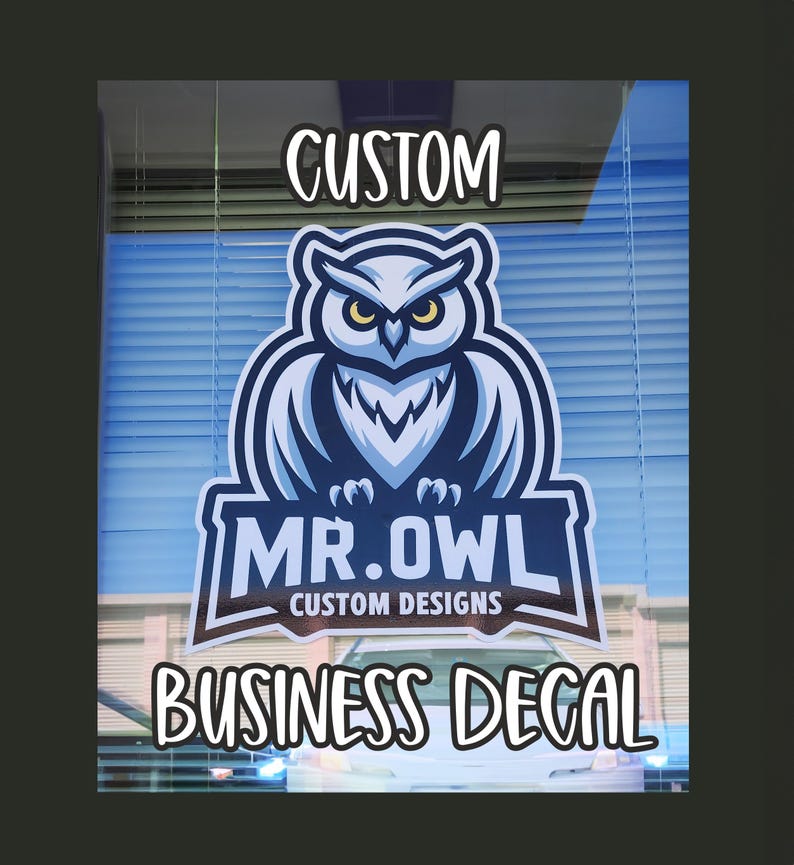 May include: A blue and white owl logo with the text "MR. OWL CUSTOM DESIGNS" and the words "CUSTOM" and "BUSINESS DECAL" above and below the logo.