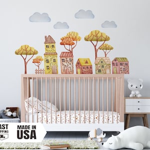 Watercolor Village Set, Fabric Wall Decal, Village For Wall Decal