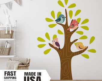 Baby Nursery Patterned Tree With Birds Set, Watercolor Wall Decal, Fabric Wall Decal, Colorful Birds Wall Decal