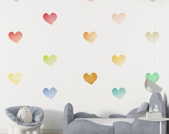 Rainbow Watercolor Hearts Fabric Wall Decal, Nursery Decor