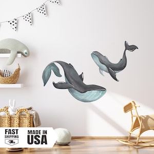 Watercolor Black Whale Set Underwater Watercolor Wall Decal Set, Whale Fabric Wall Decal, Underwater Vinyl Mural